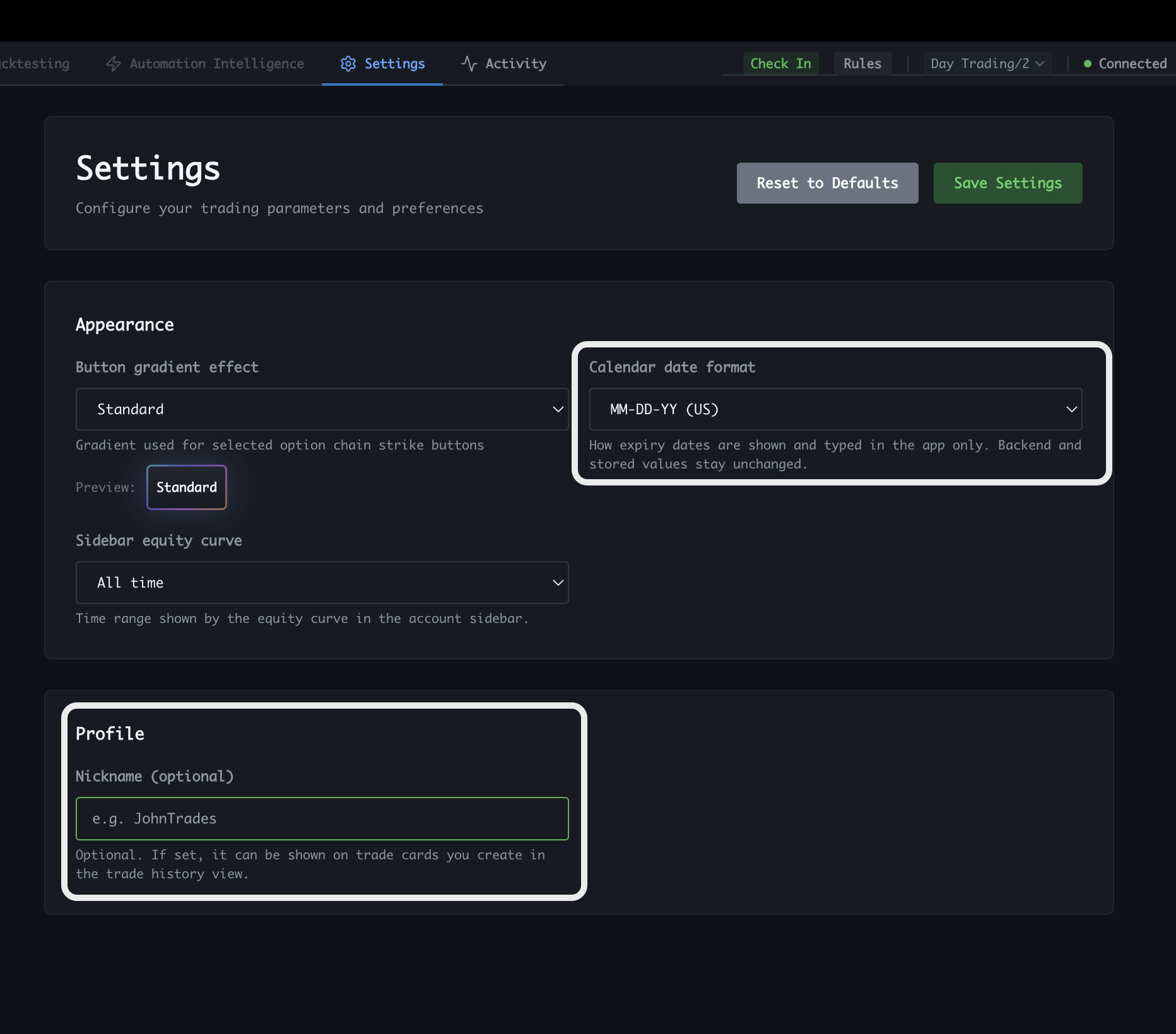 Spectral Settings General tab showing calendar date format and nickname fields