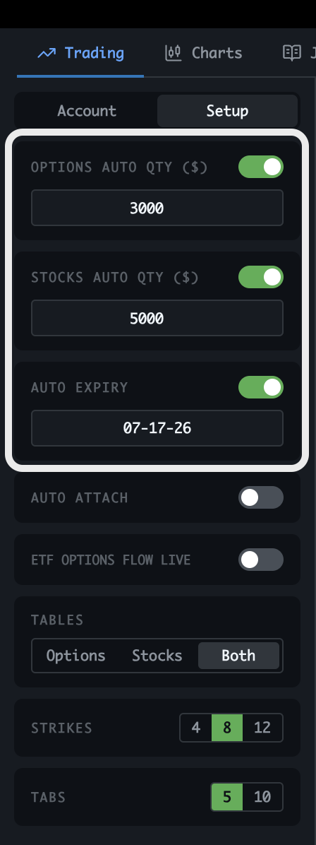 Trading view Setup tab showing Stocks Auto Qty, Options Auto Qty, and Auto Expiry toggles