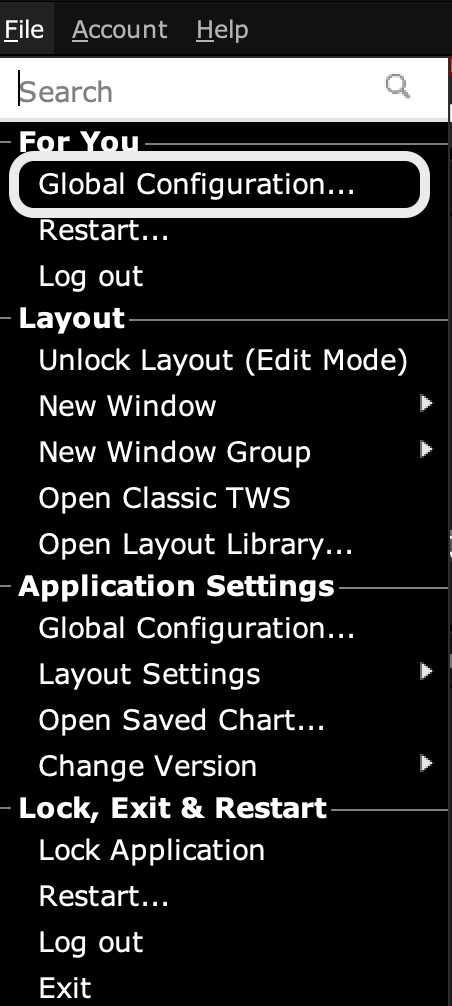 TWS File menu with Global Configuration highlighted