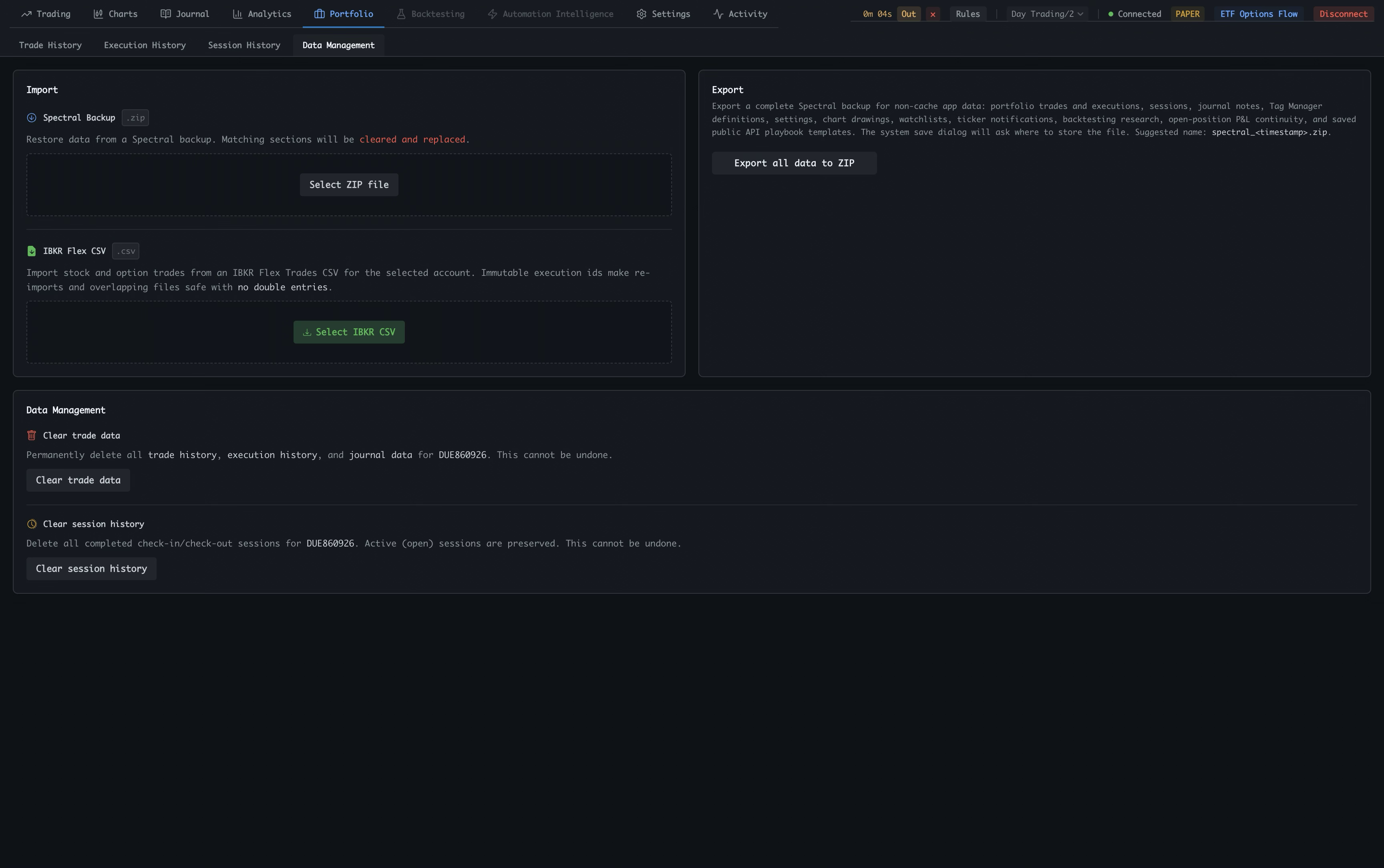 Spectral Portfolio Data Management showing backup import, IBKR Flex CSV import, complete data export, and data cleanup controls