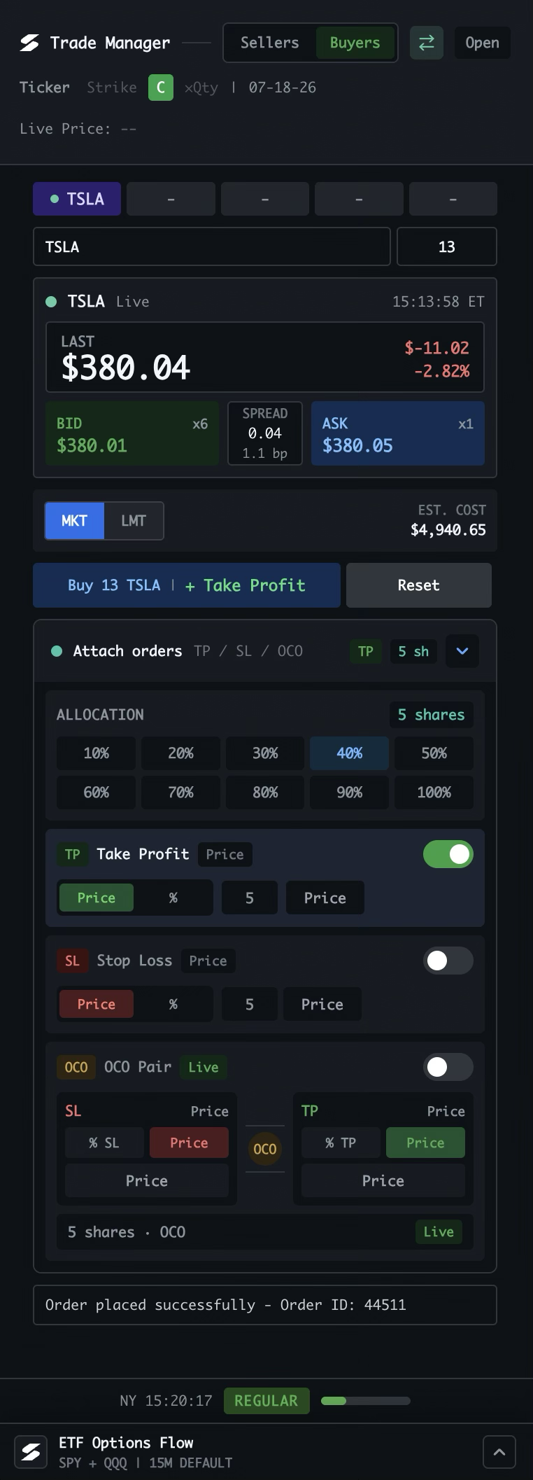 Trade Manager Buyers view in stock mode showing stock order setup, live quote, execution controls, and attached protection orders