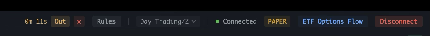 Spectral workspace header showing an active trading timer with Out and cancel controls