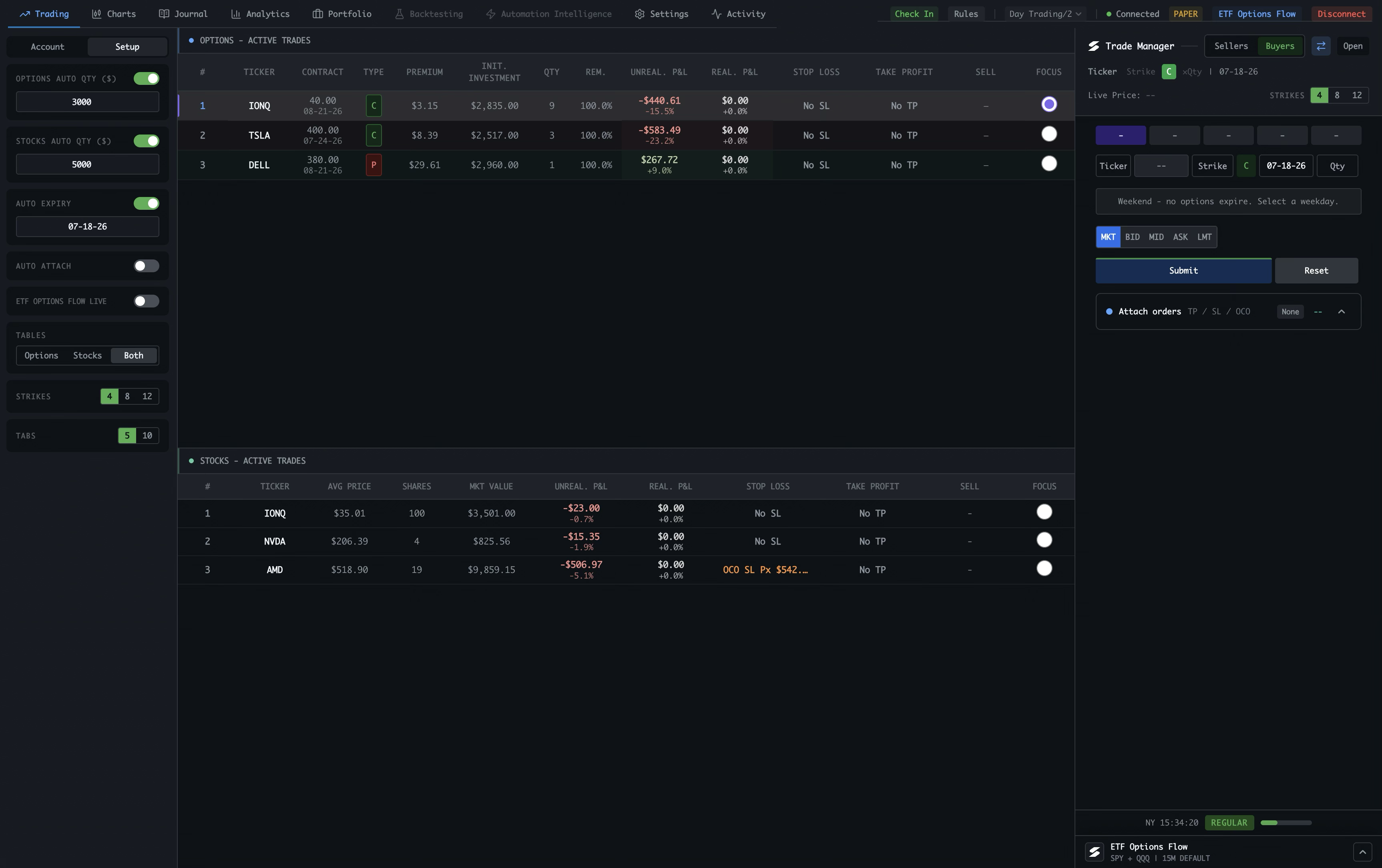 Spectral Trading view showing setup sidebar, active options and stock trade tables, top navigation, connection controls, and the Trade Manager on the right